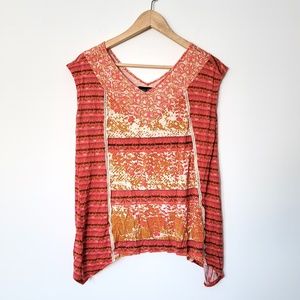Boho‎ Orange Tank Top Crochet Asymmetrical Hem Patterned Sleeveless V Neck Small